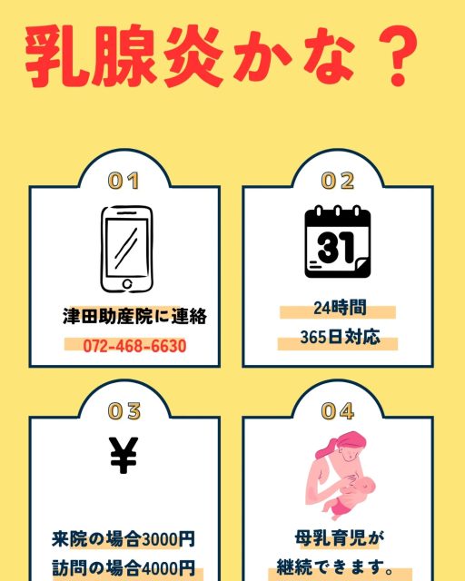 乳腺炎かな？乳房の痛みがあれば、即、助産師に相談して下さい。対処が早い程、症状が軽減しやすいです。津田助産院は24時間365日連絡が取れる助産院です。いつでも連絡お待ちしています。